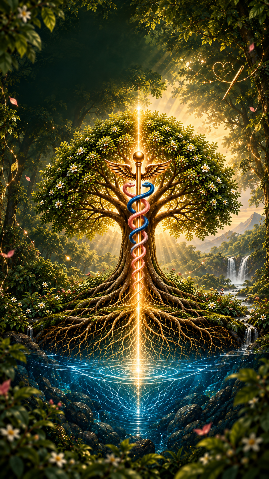 Árvore da Vida com copa florida, caduceu dourado com duas serpentes, uma rosa e uma azul, raízes profundas alcançando a água cristalina, agulha e fios dourados na mata