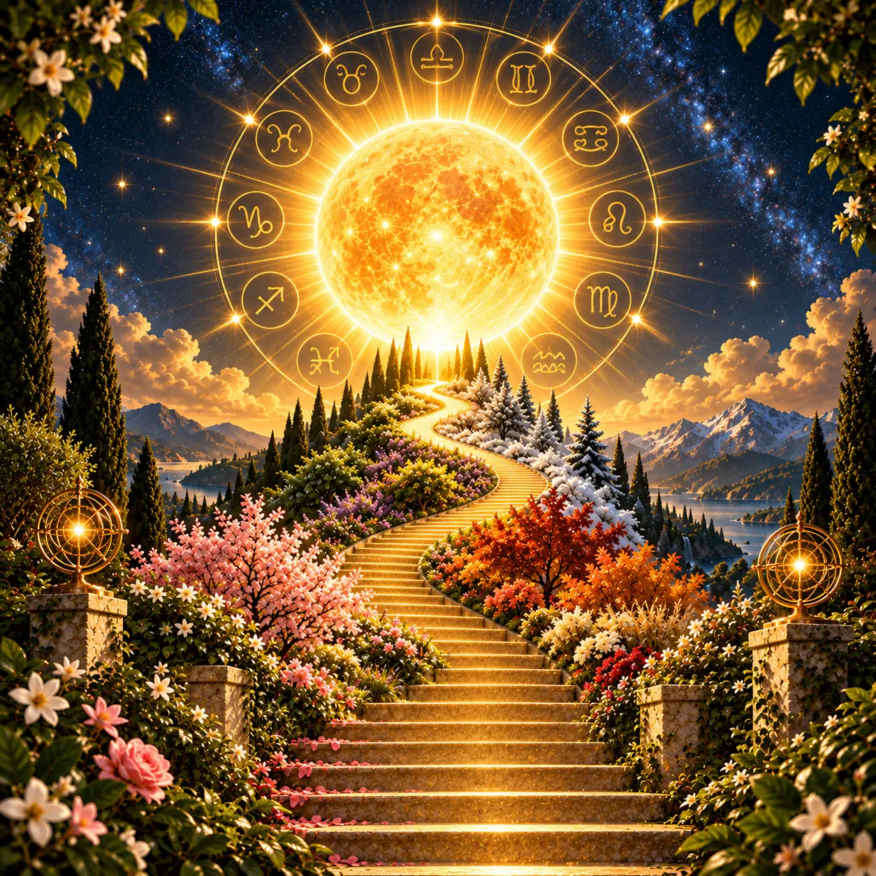 Sol radiante dentro de uma roda com os signos do zodíaco, acima de uma escadaria florida que atravessa as quatro estações