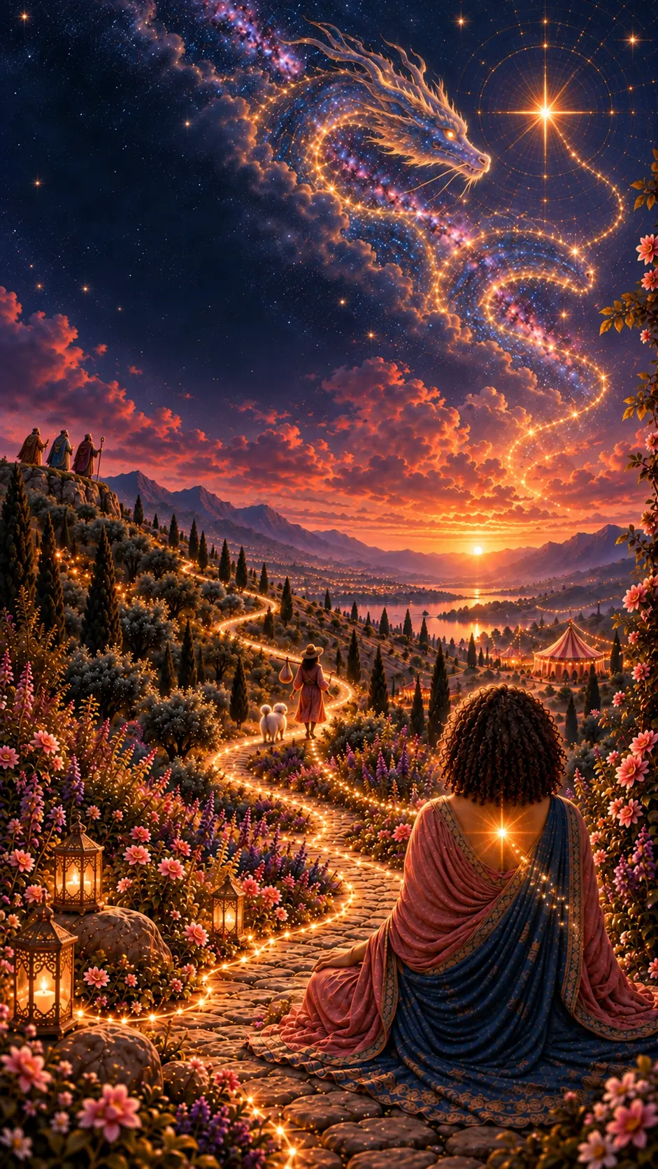 Mulher de costas com cabelo cacheado, envolta em tecidos rosa e azul, sentada à beira de um rio ao crepúsculo. Uma estrela dourada brilha no centro do peito, outra grande estrela resplandece no céu estrelado, a Lua crescente aparece à esquerda e três viajantes caminham ao longe entre montanhas, flores e água