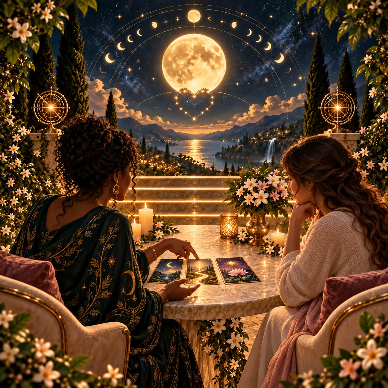 Duas mulheres sentadas a uma mesa com cartas de Tarot e velas, diante de um lago sob a Lua cheia