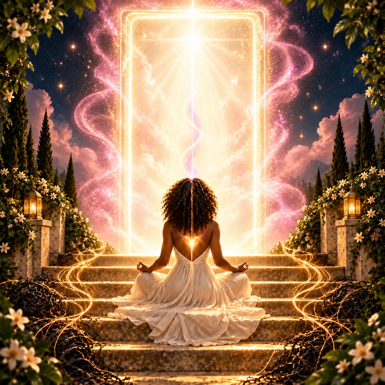 Mulher meditando em posição de lótus diante de um portal de luz dourada e rosada, entre flores e lanternas