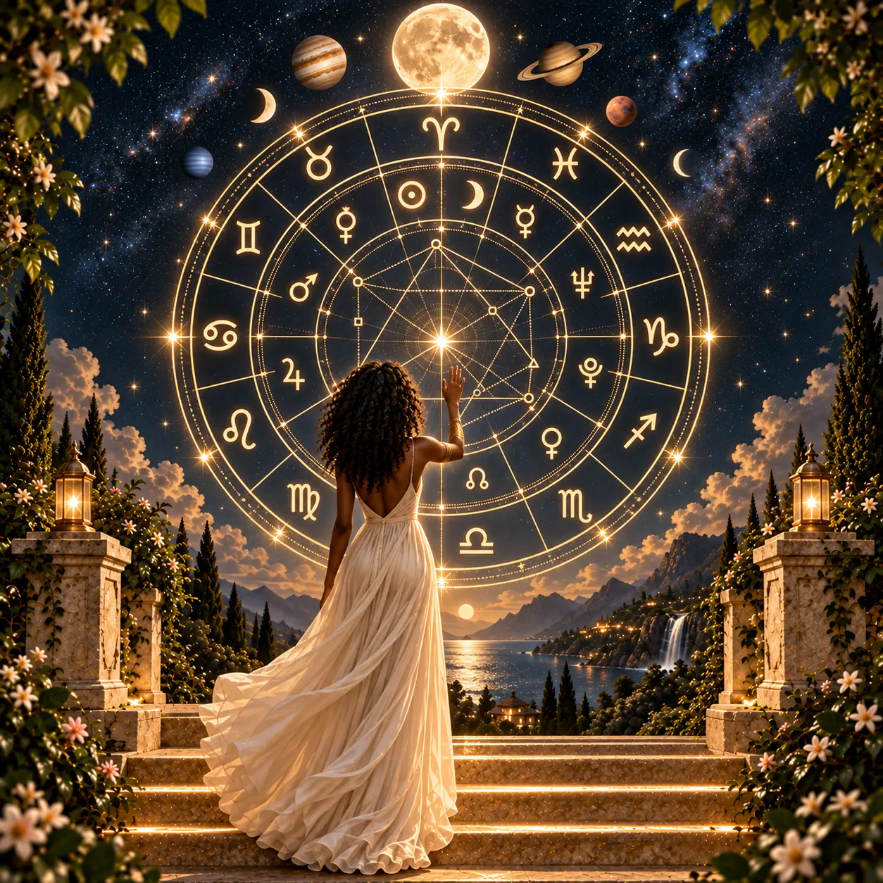 Mulher de vestido branco tocando uma roda astrológica dourada projetada no céu estrelado, entre planetas e a Lua