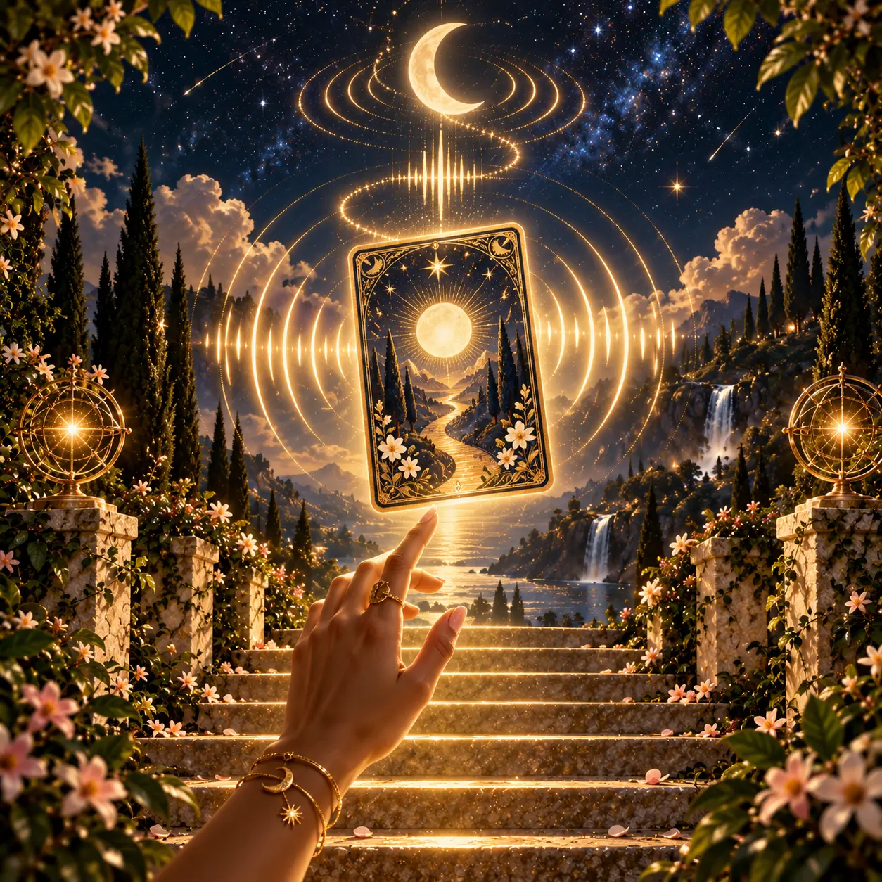 Mão tocando uma carta de Tarot luminosa suspensa no ar, cercada por ondas douradas sob a Lua crescente