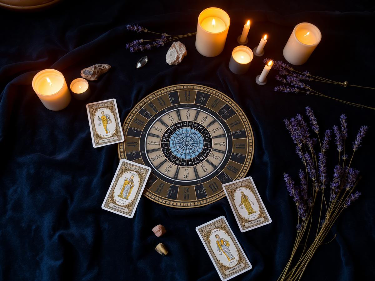 Cartas de tarot e mapa astrológico sobre veludo azul
