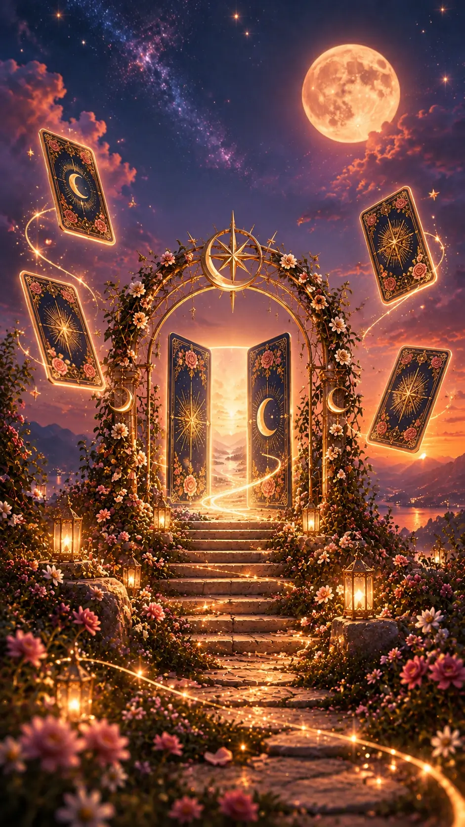 Portal dourado coberto por flores, cartas de Tarot flutuando e Lua cheia sobre um caminho iluminado